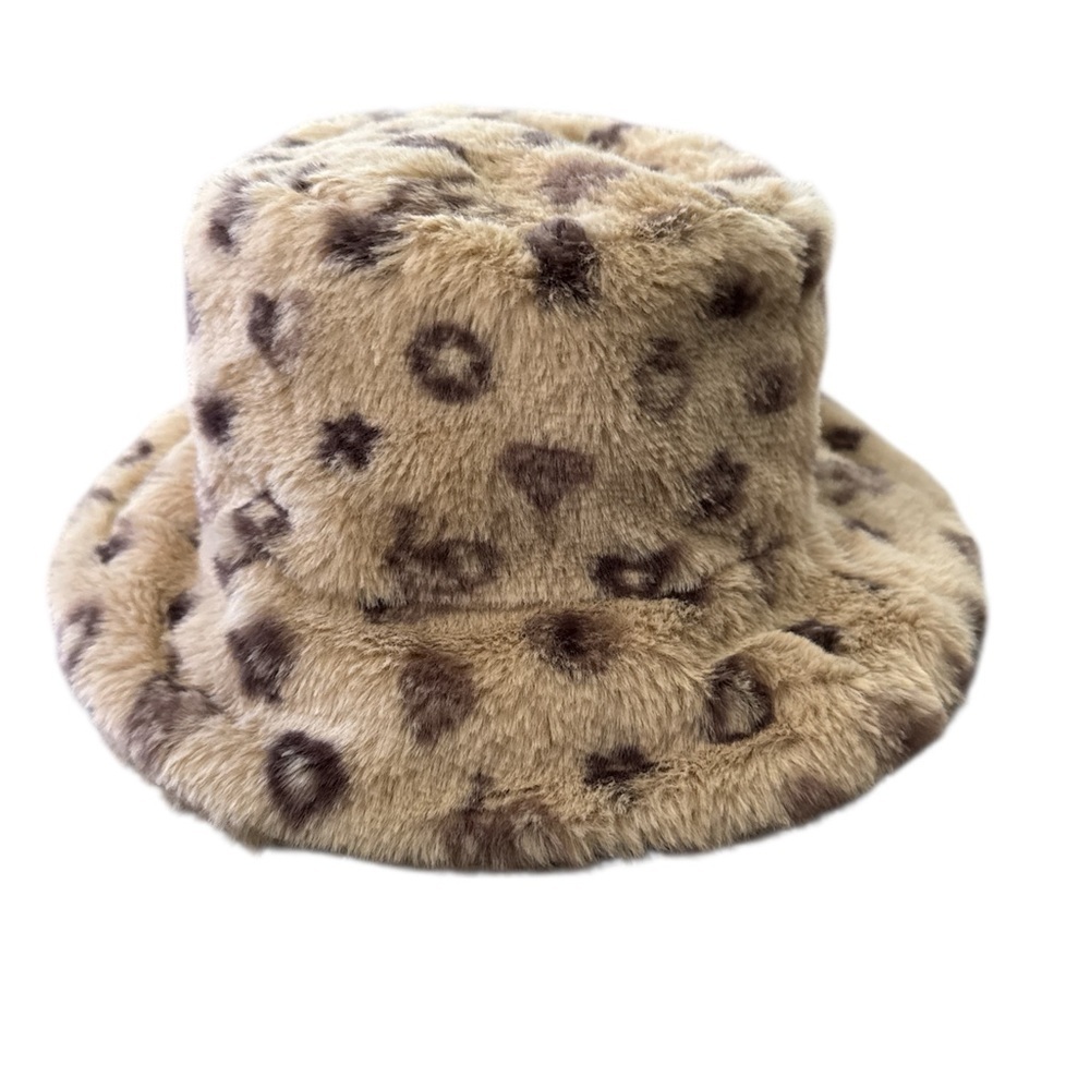 Claire’s Faux Fur Bucket Hat Beige Brown Love Star Heart Print One Size New